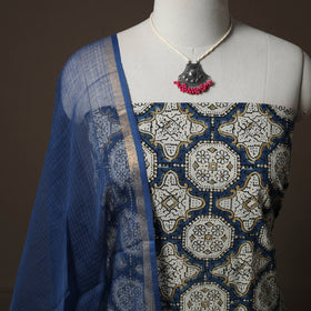 Ajrakh Hand Block Print Natural Dyed 2pc Cotton Unstitched Dress Material Kurta Set with Jewellery 04