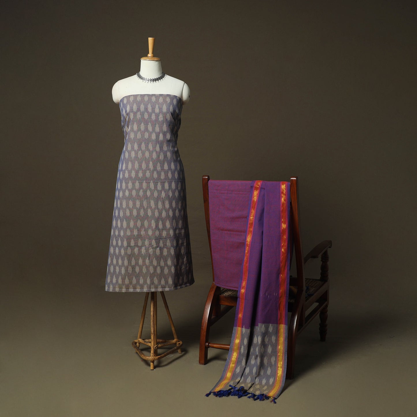 Grey - Pochampally Ikat Weave 3pc Cotton Unstitched Dress Material Suit Set 41