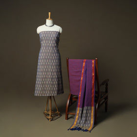 Grey - Pochampally Ikat Weave 3pc Cotton Unstitched Dress Material Suit Set 41
