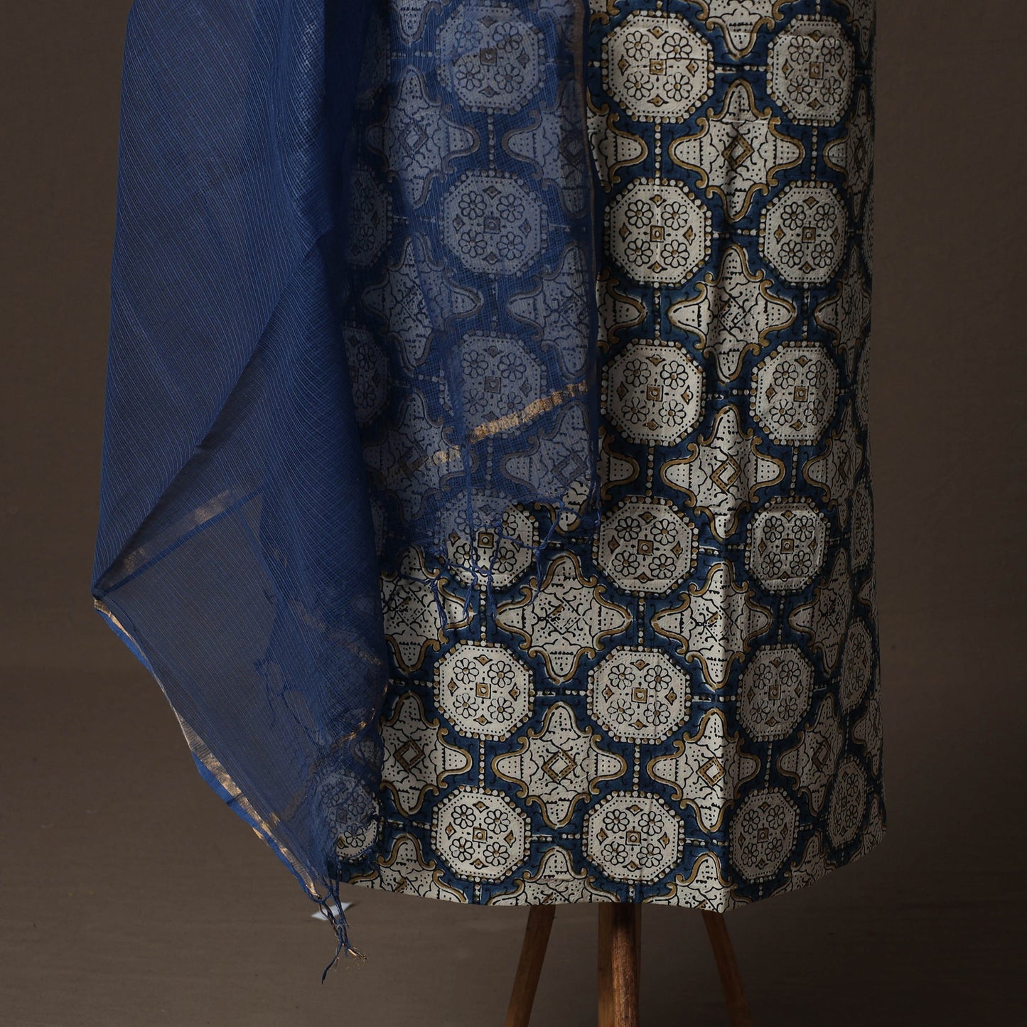 Ajrakh Hand Block Print Natural Dyed 2pc Cotton Unstitched Dress Material Kurta Set with Jewellery 04