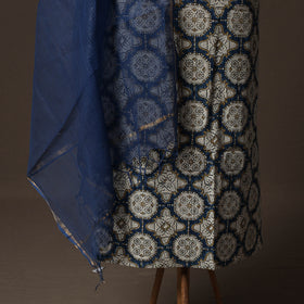 Ajrakh Hand Block Print Natural Dyed 2pc Cotton Unstitched Dress Material Kurta Set with Jewellery 04
