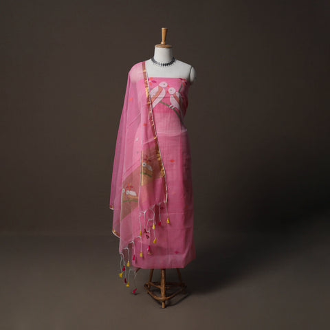 Handwoven Phulia Jamdani Muslin Silk 2pc Unstitched Dress Material Kurta Set 75