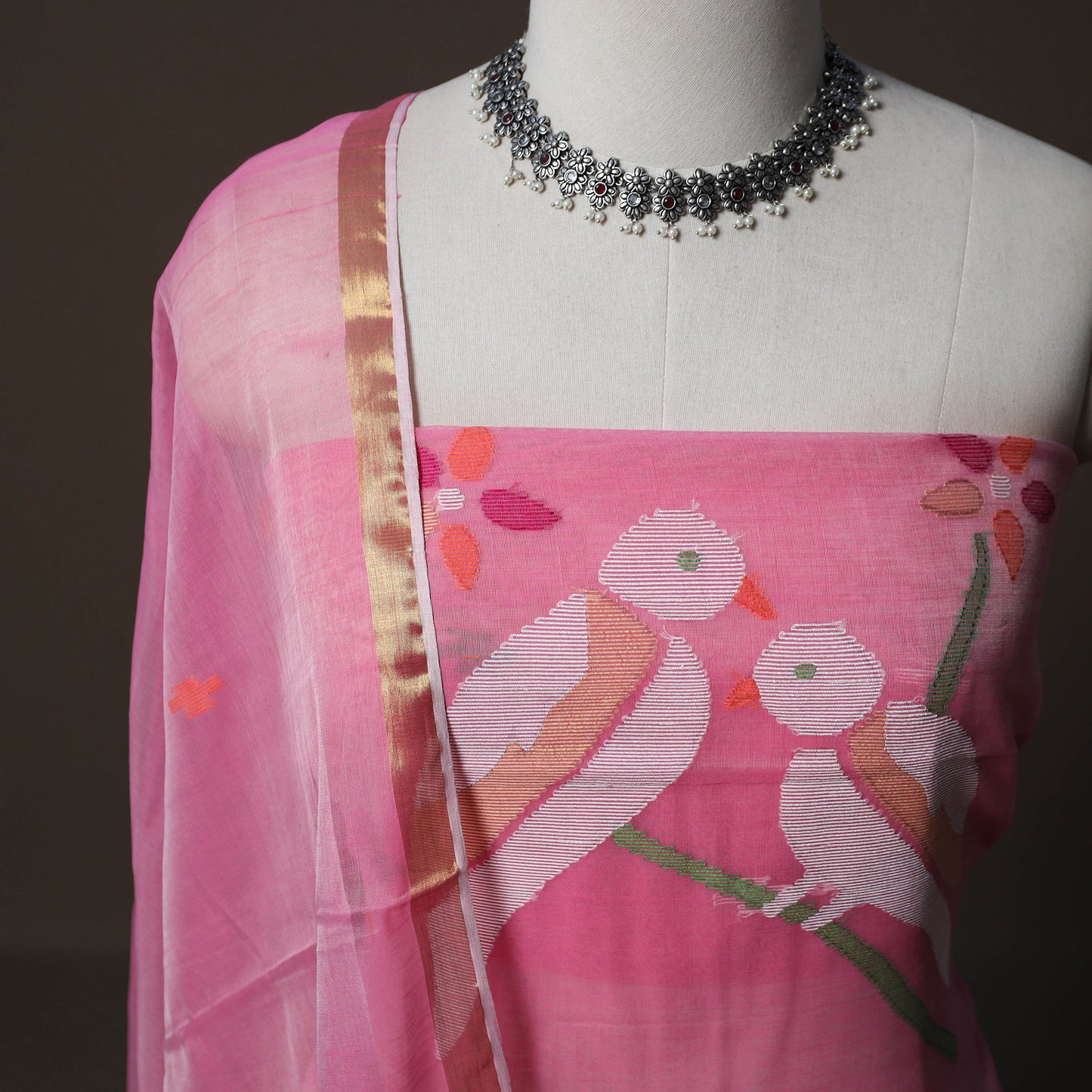 Handwoven Phulia Jamdani Muslin Silk 2pc Unstitched Dress Material Kurta Set 75