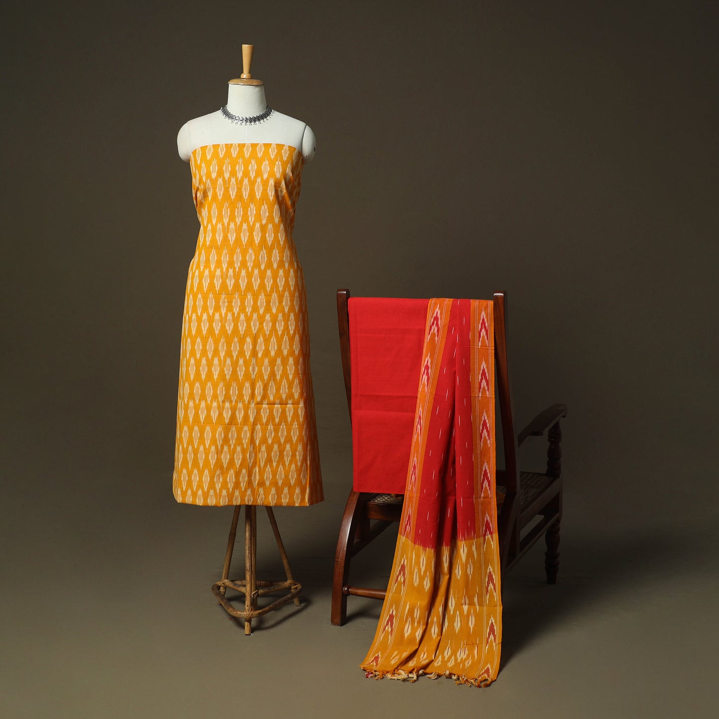 Orange - Pochampally Ikat Weave 3pc Cotton Unstitched Dress Material Suit Set 42