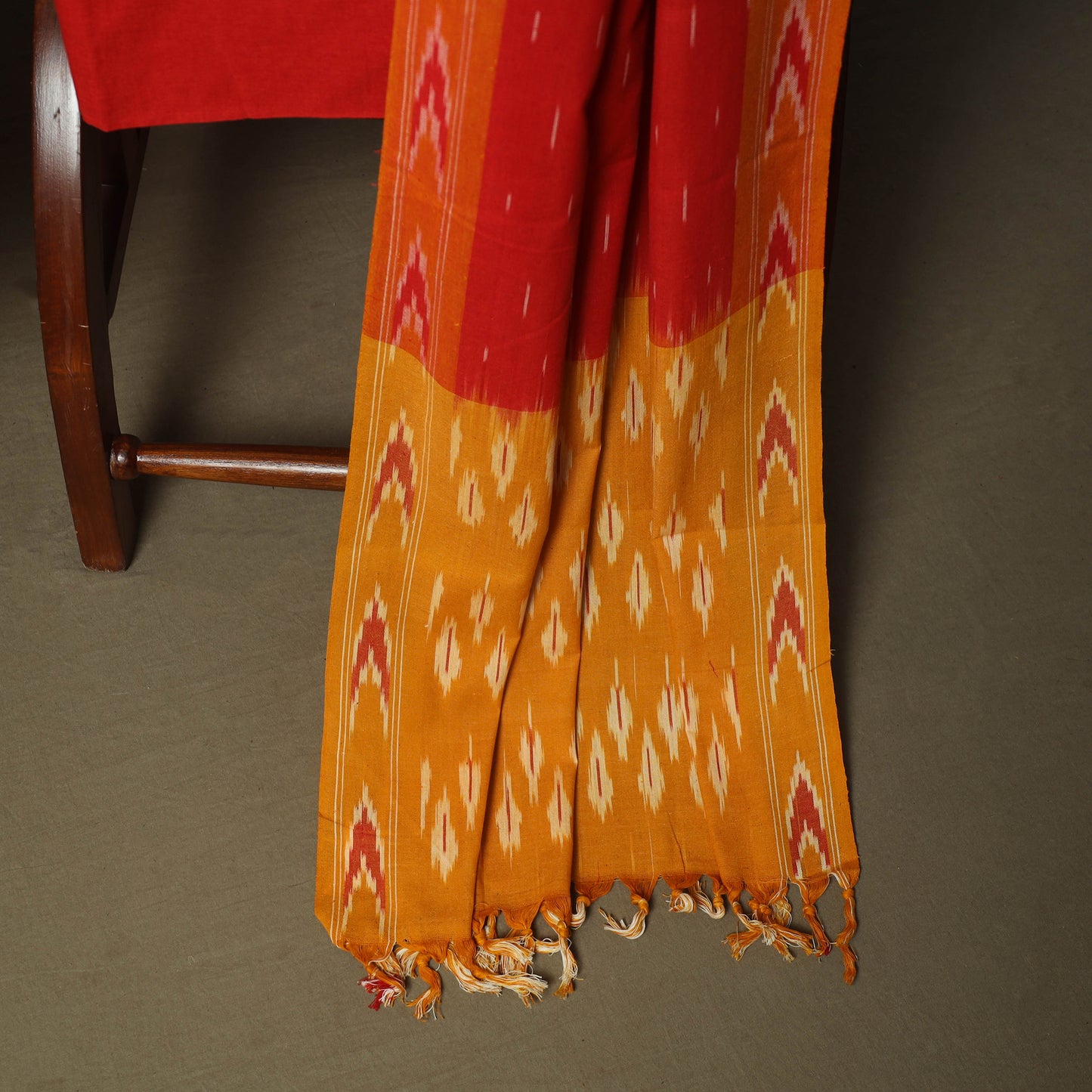 Orange - Pochampally Ikat Weave 3pc Cotton Unstitched Dress Material Suit Set 42
