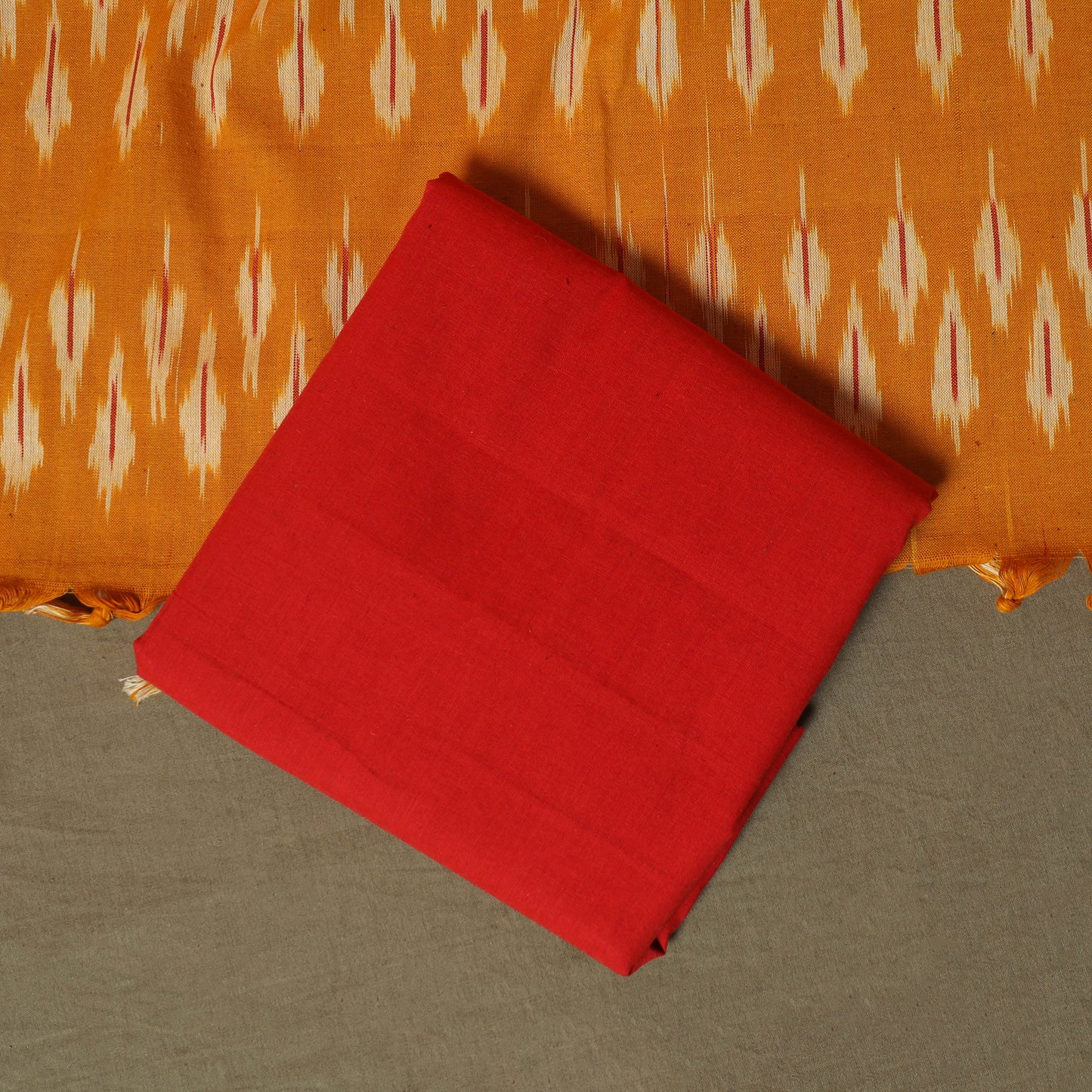 Orange - Pochampally Ikat Weave 3pc Cotton Unstitched Dress Material Suit Set 42