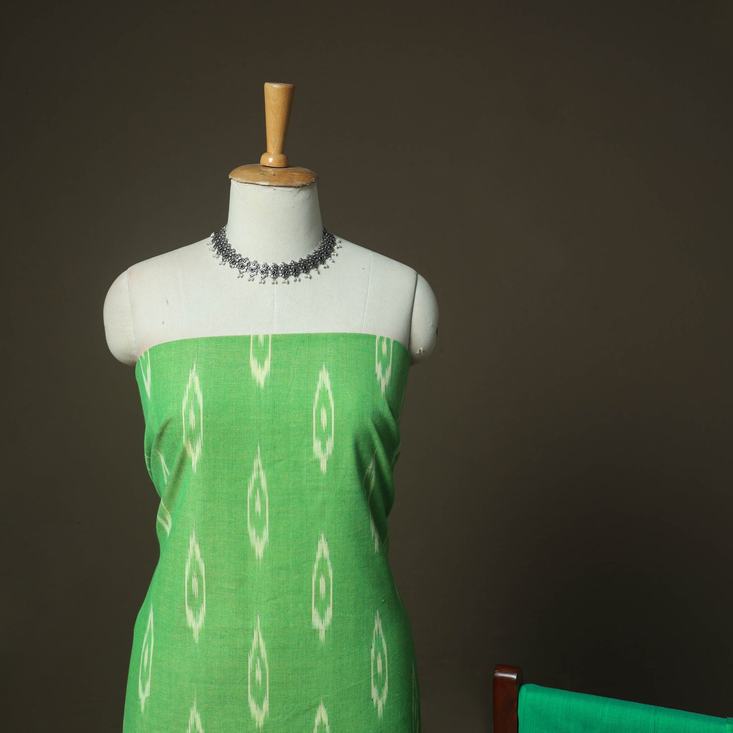 Green - Pochampally Ikat Weave 3pc Cotton Unstitched Dress Material Suit Set 43