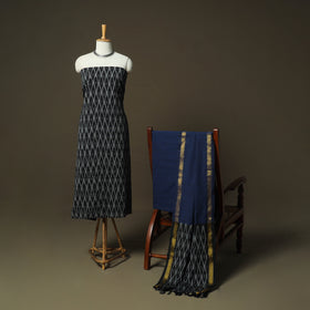 Black - Pochampally Ikat Weave 3pc Cotton Unstitched Dress Material Suit Set 44