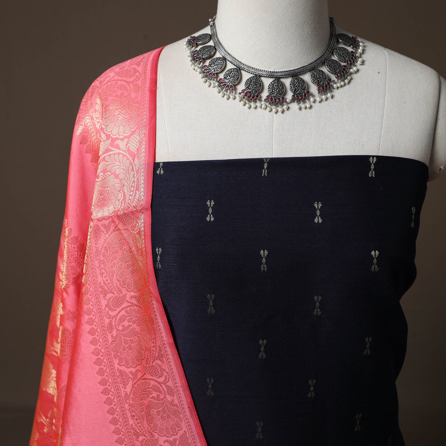 Spun Dupion Viscose Silk Buti 2pc Unstitched Dress Material Kurta Set with Earrings 46