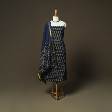 Black - Pochampally Ikat Weave 3pc Cotton Unstitched Dress Material Suit Set 44