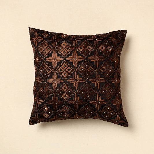 Brown - Phulkari Embroidery Chinon Cushion Cover (16 x 16 in)