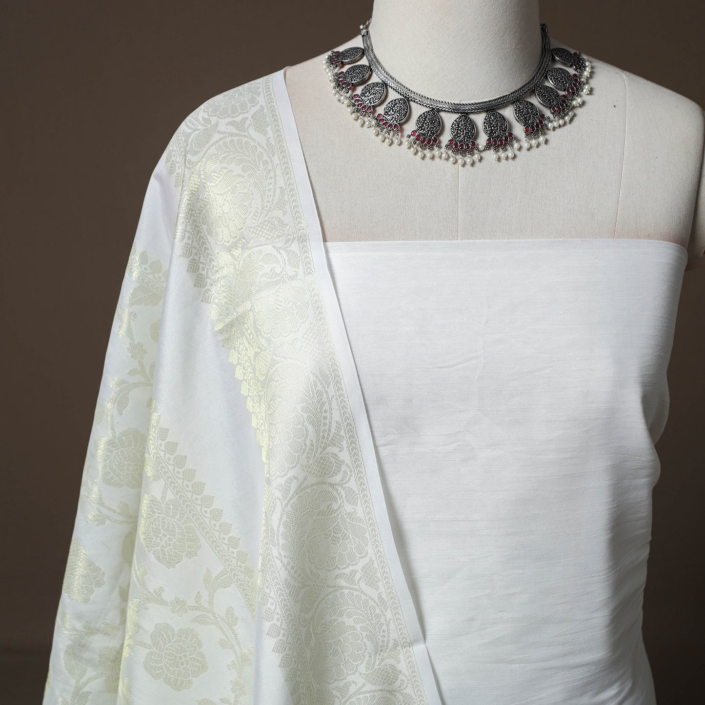 Plain Slub Silk 2pc Unstitched Dress Material Kurta Set with Earrings 44
