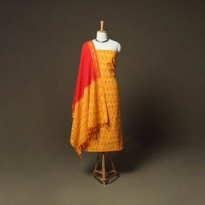 Orange - Pochampally Ikat Weave 3pc Cotton Unstitched Dress Material Suit Set 47
