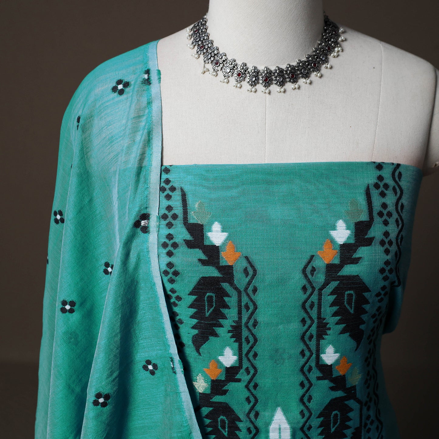 Phulia Jamdani Silk Cotton 2pc Unstitched Dress Material Kurta Set 04