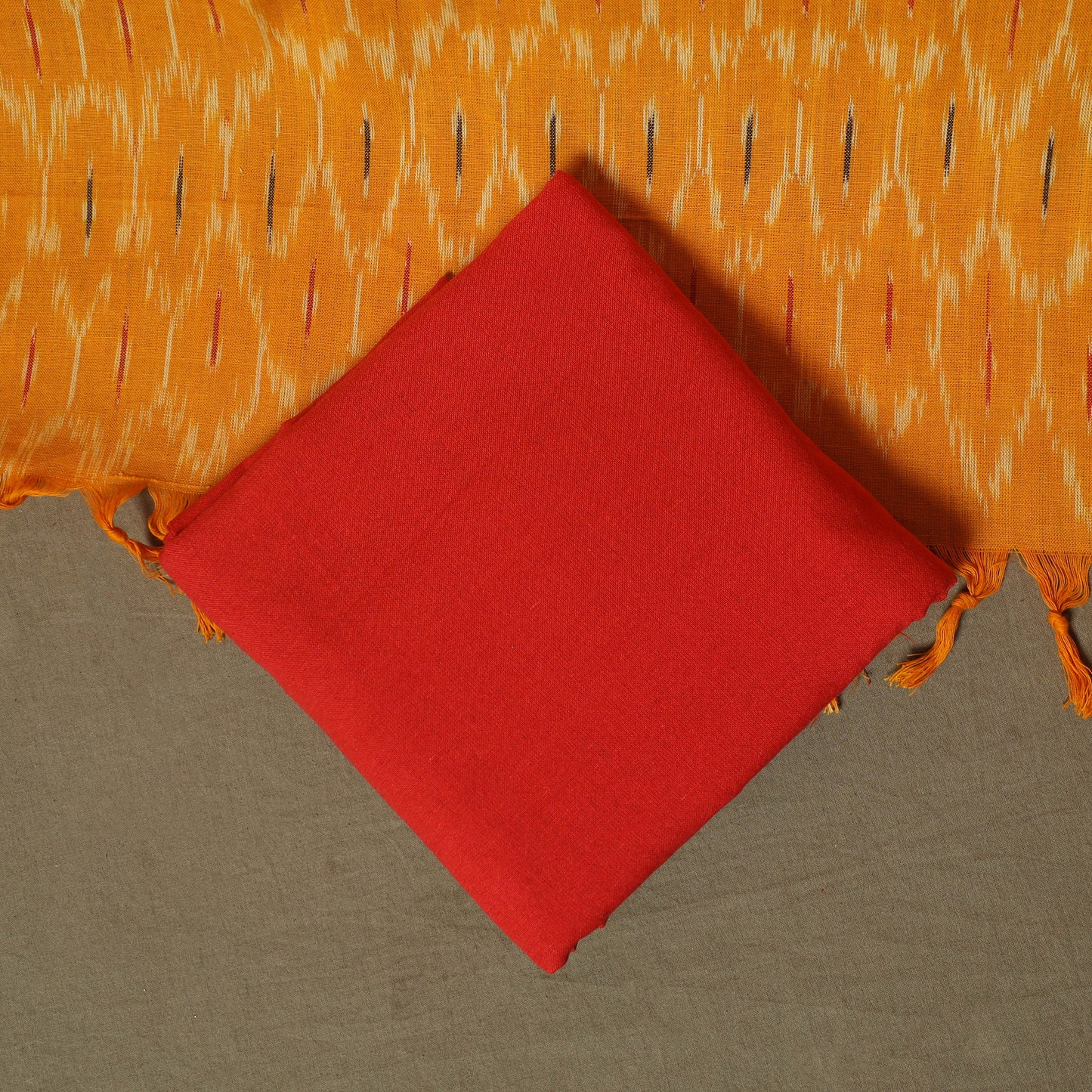 Orange - Pochampally Ikat Weave 3pc Cotton Unstitched Dress Material Suit Set 47
