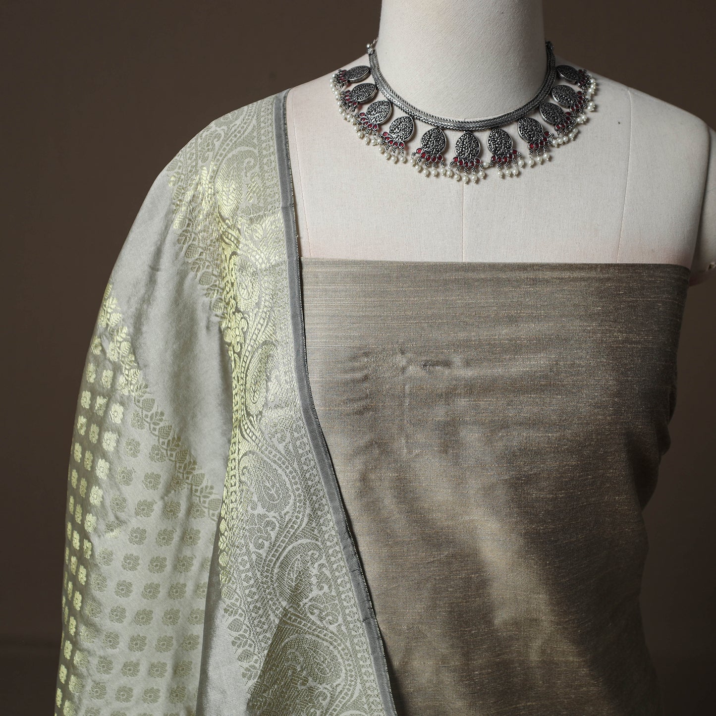 Plain Slub Silk 2pc Unstitched Dress Material Kurta Set with Earrings 42