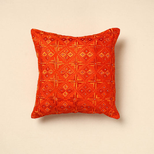 Orange - Phulkari Embroidery Chinon Cushion Cover (16 x 16 in)