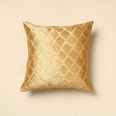 Yellow - Golden - Phulkari Embroidery Chinon Cushion Cover (16 x 16 in)