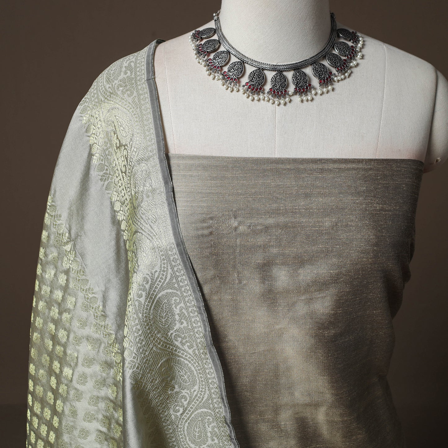 Plain Slub Silk 2pc Unstitched Dress Material Kurta Set with Earrings 41