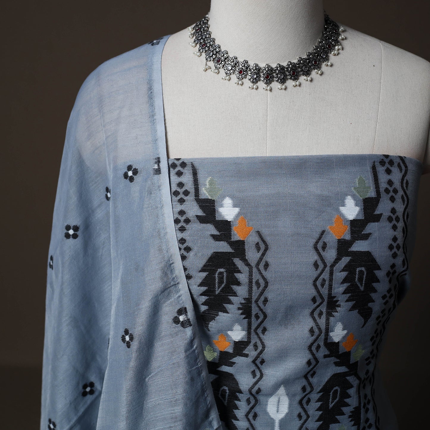 Phulia Jamdani Silk Cotton 2pc Unstitched Dress Material Kurta Set 05