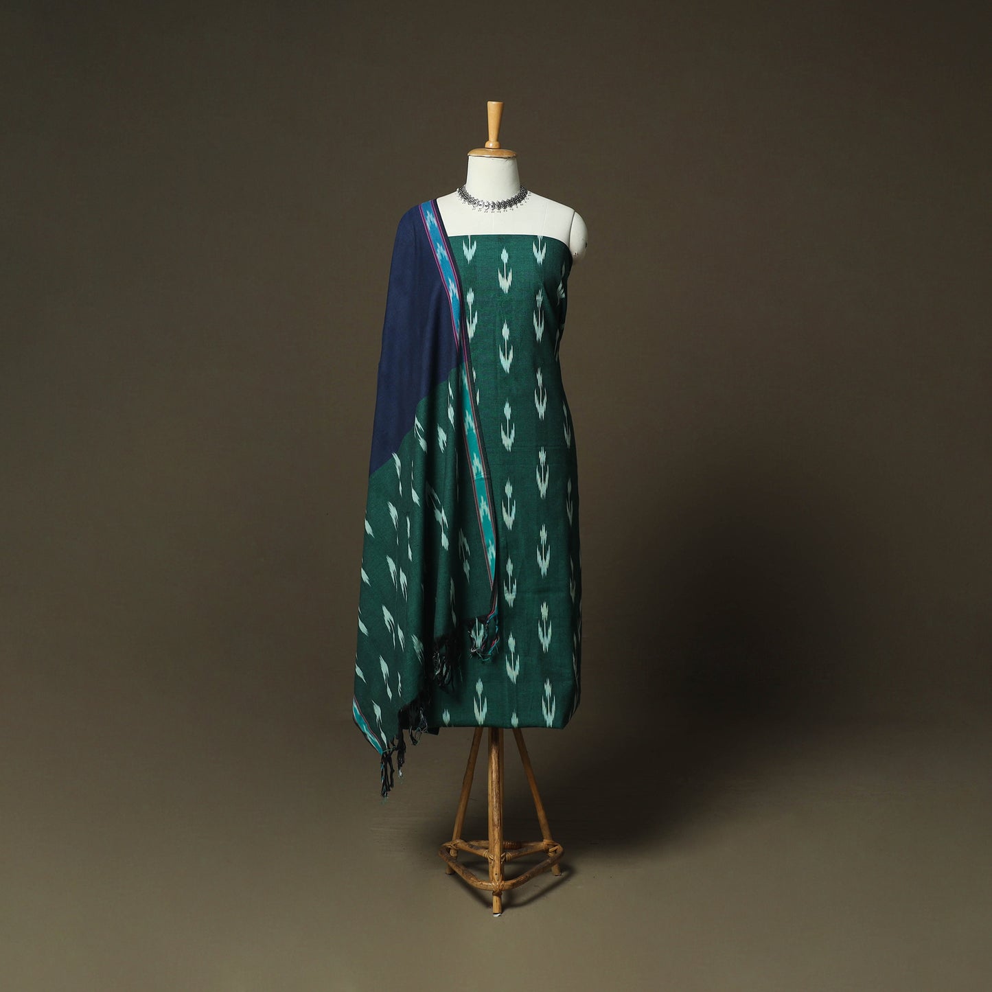 Green - Pochampally Ikat Weave 3pc Cotton Unstitched Dress Material Suit Set 49