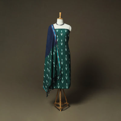 Green - Pochampally Ikat Weave 3pc Cotton Unstitched Dress Material Suit Set 49