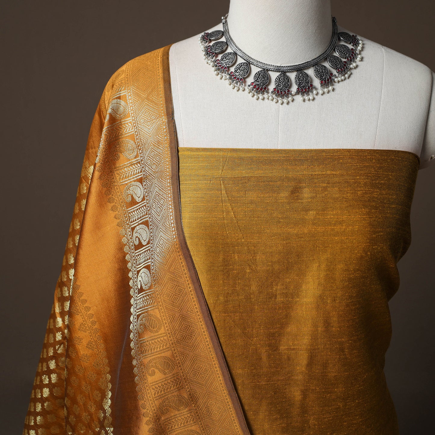 Plain Slub Silk 2pc Unstitched Dress Material Kurta Set with Earrings 39