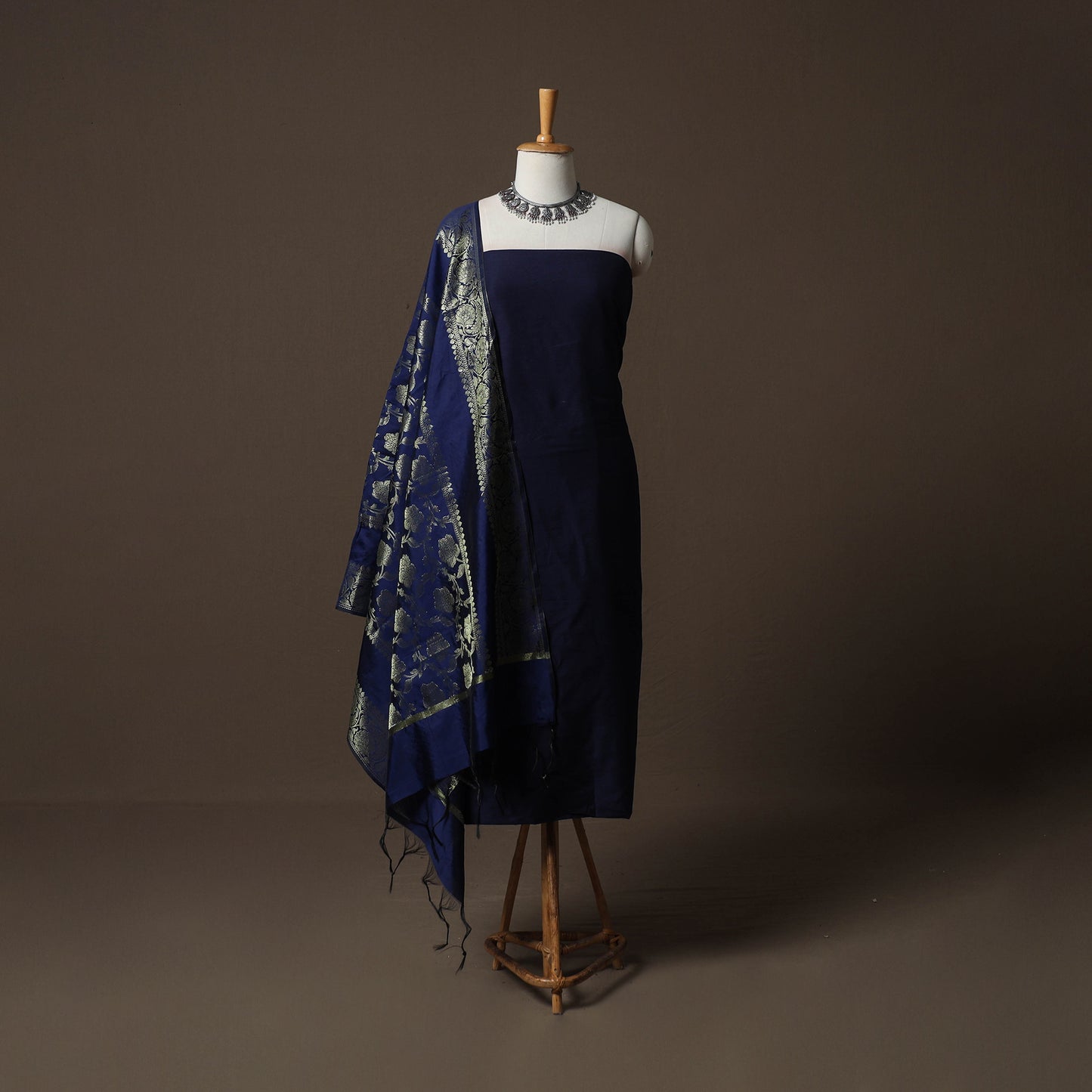Plain Slub Silk 2pc Unstitched Dress Material Kurta Set with Earrings 38