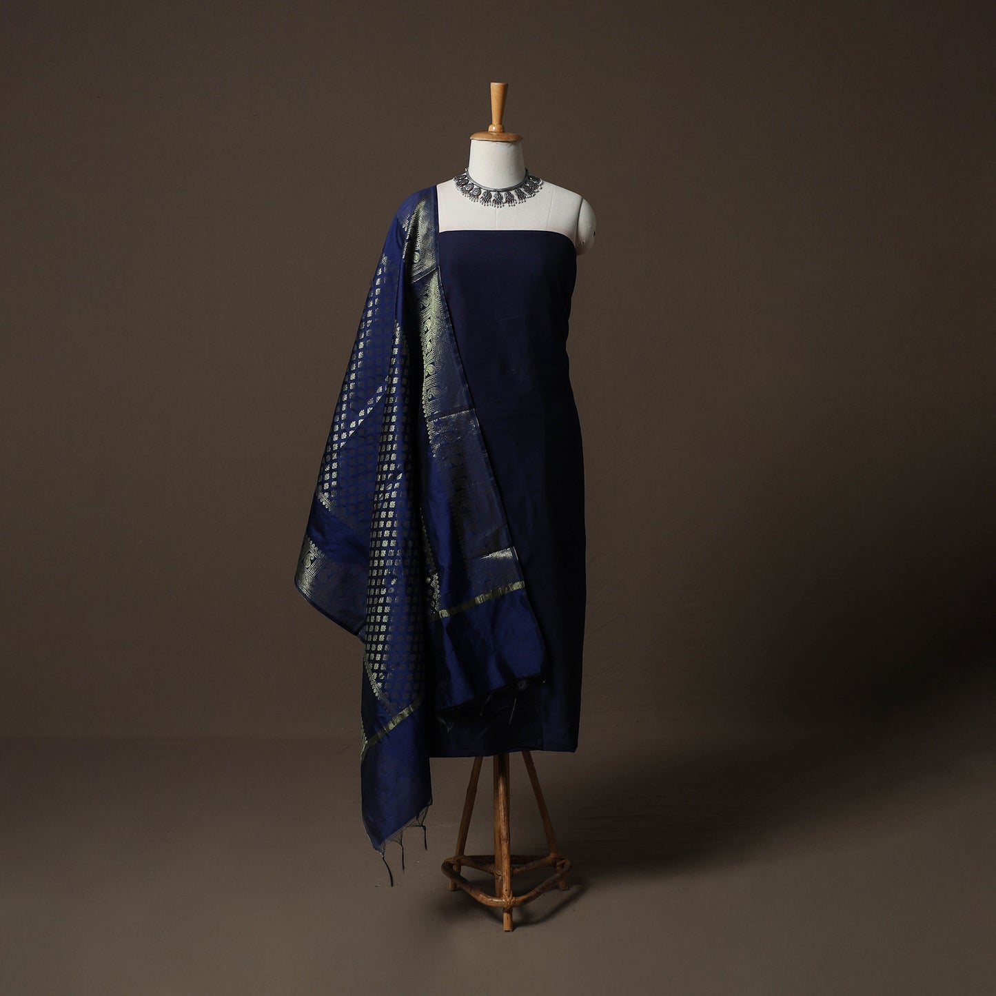 Plain Slub Silk 2pc Unstitched Dress Material Kurta Set with Earrings 36