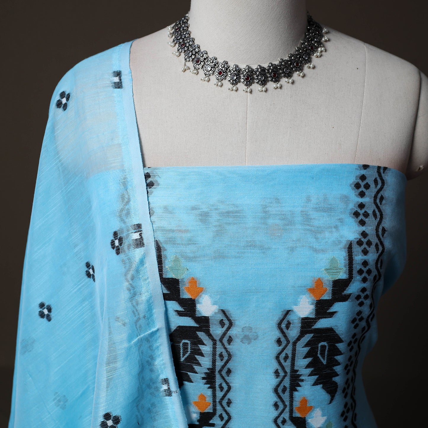 Phulia Jamdani Silk Cotton 2pc Unstitched Dress Material Kurta Set 09