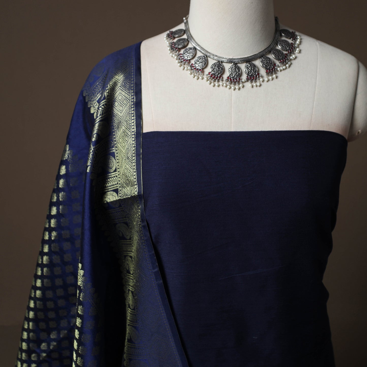 Plain Slub Silk 2pc Unstitched Dress Material Kurta Set with Earrings 36