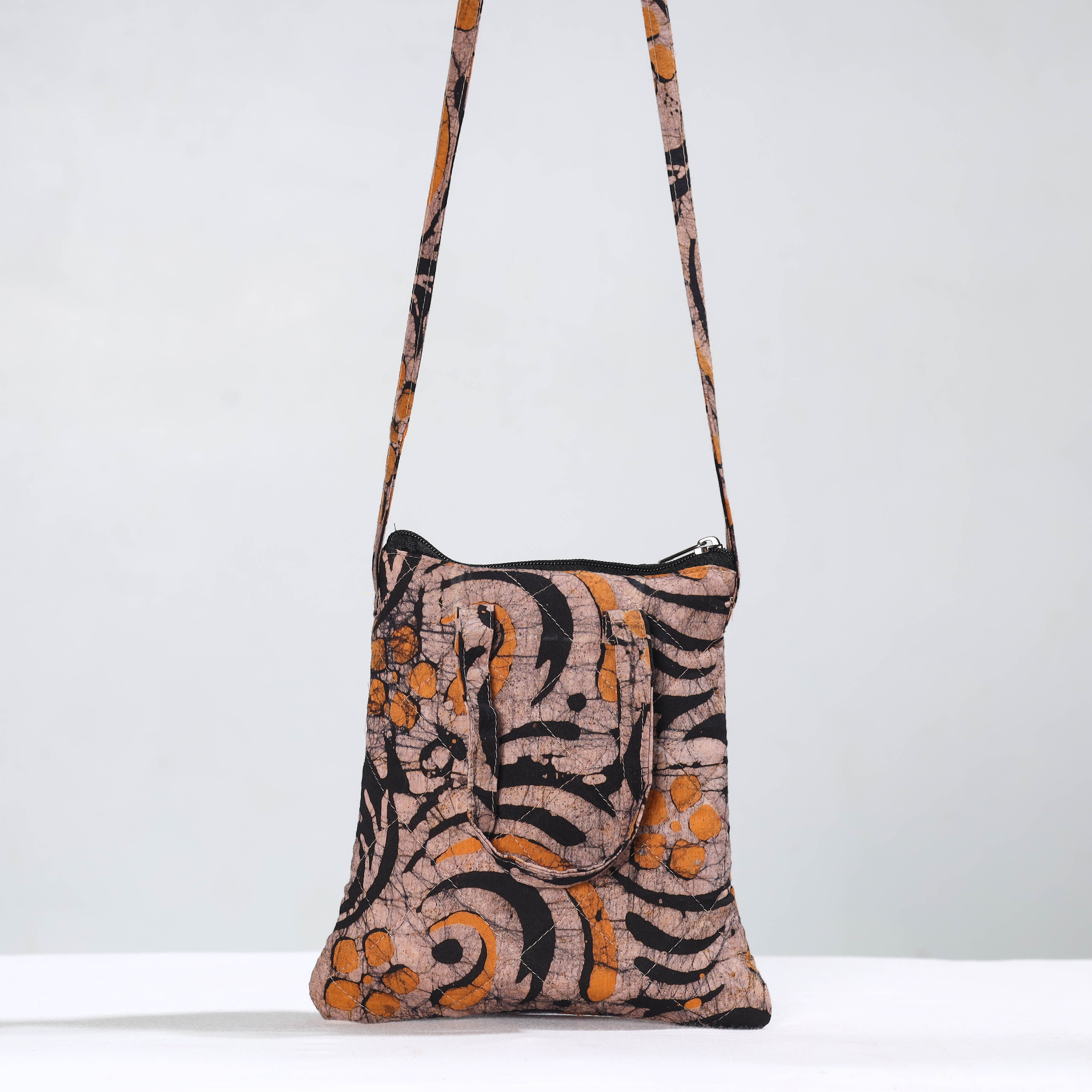 Brown Hand Batik Printed Quilted Cotton Sling Bag 16