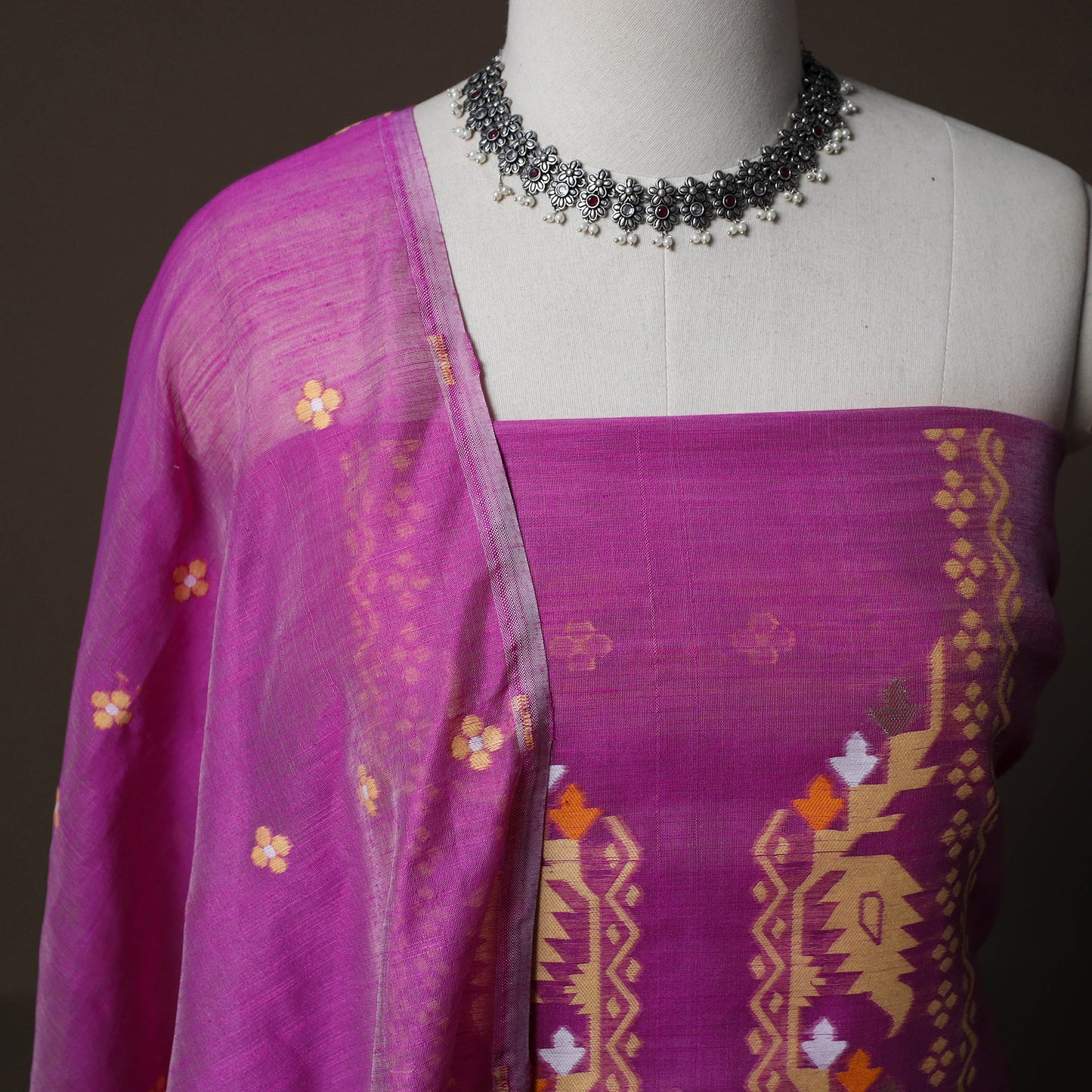 Phulia Jamdani Silk Cotton 2pc Unstitched Dress Material Kurta Set 10