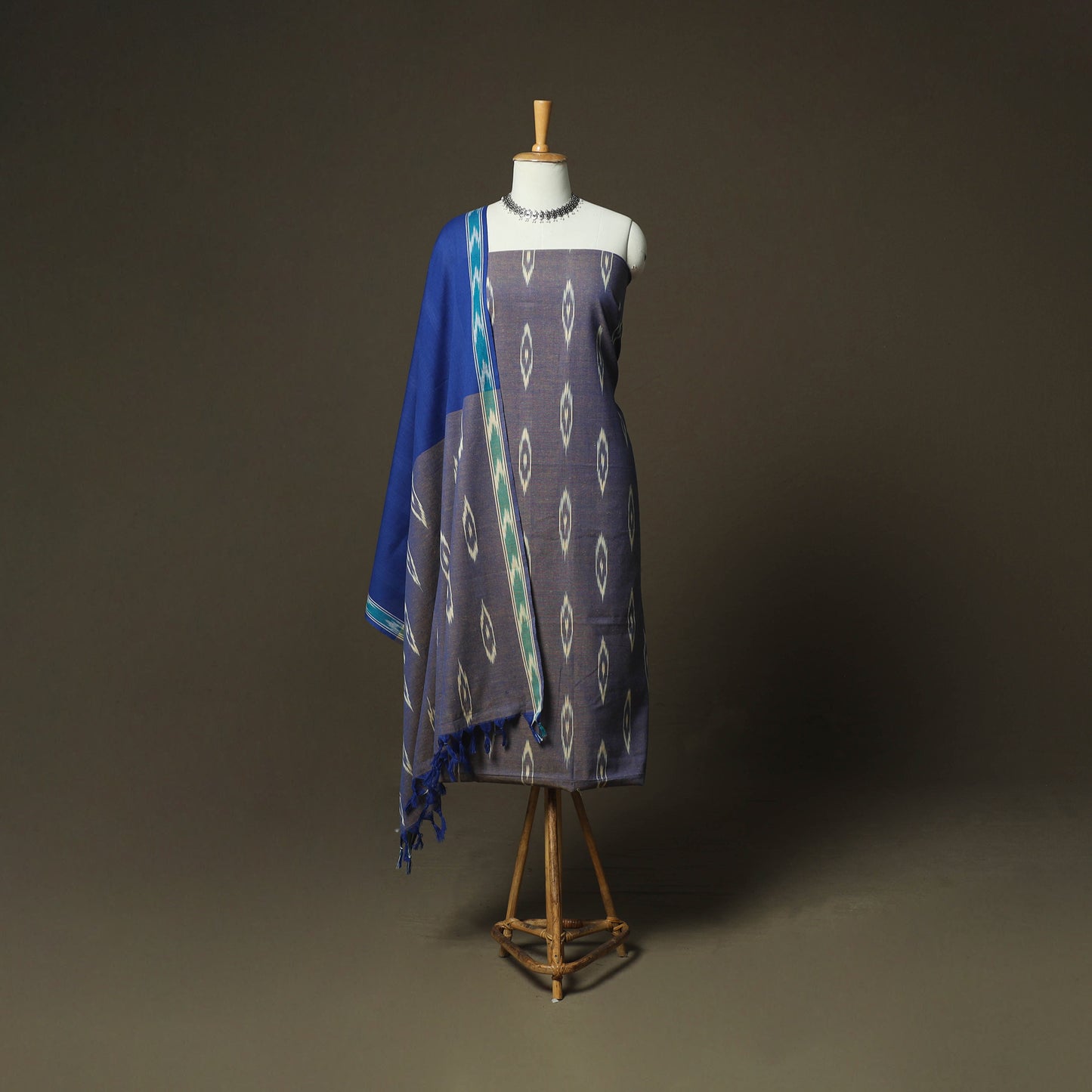 Grey - Pochampally Ikat Weave 3pc Cotton Unstitched Dress Material Suit Set 55