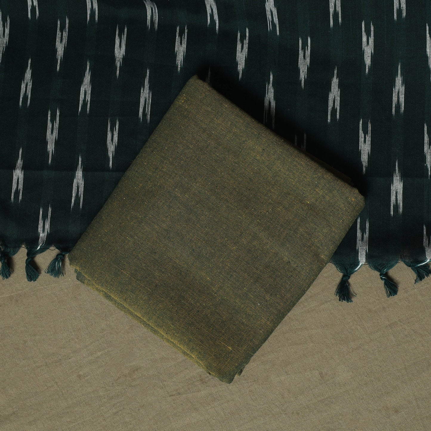 Green - Pochampally Ikat Weave 3pc Cotton Unstitched Dress Material Suit Set 56