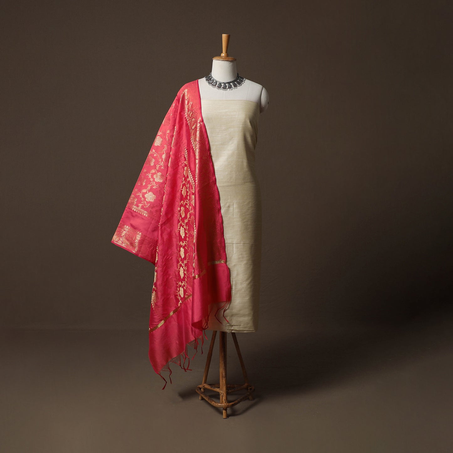 Plain Slub Silk 2pc Unstitched Dress Material Kurta Set with Earrings 33