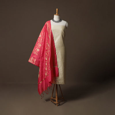 Plain Slub Silk 2pc Unstitched Dress Material Kurta Set with Earrings 33