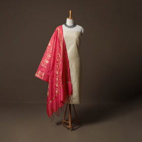 Plain Slub Silk 2pc Unstitched Dress Material Kurta Set with Earrings 33