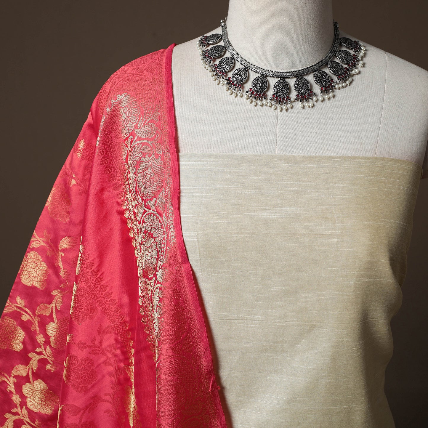 Plain Slub Silk 2pc Unstitched Dress Material Kurta Set with Earrings 33