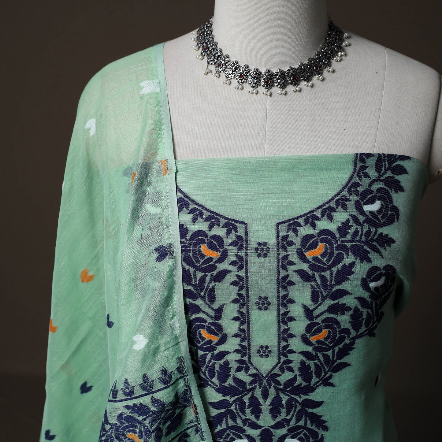 Phulia Jamdani Silk Cotton 2pc Unstitched Dress Material Kurta Set 13