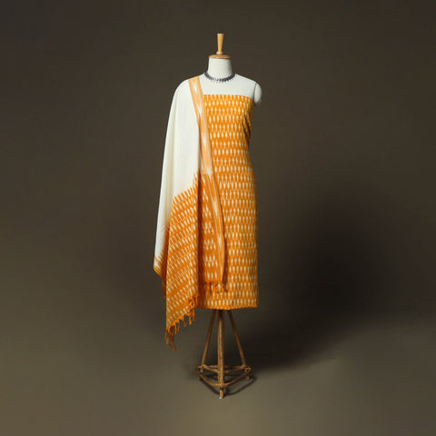 Orange - Pochampally Ikat Weave 3pc Cotton Unstitched Dress Material Suit Set 59