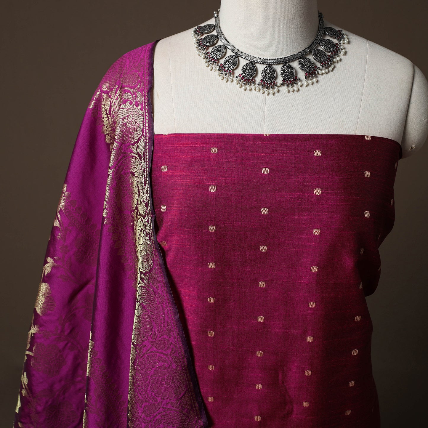 Spun Dupion Viscose Silk Buti 2pc Unstitched Dress Material Kurta Set with Earrings 30