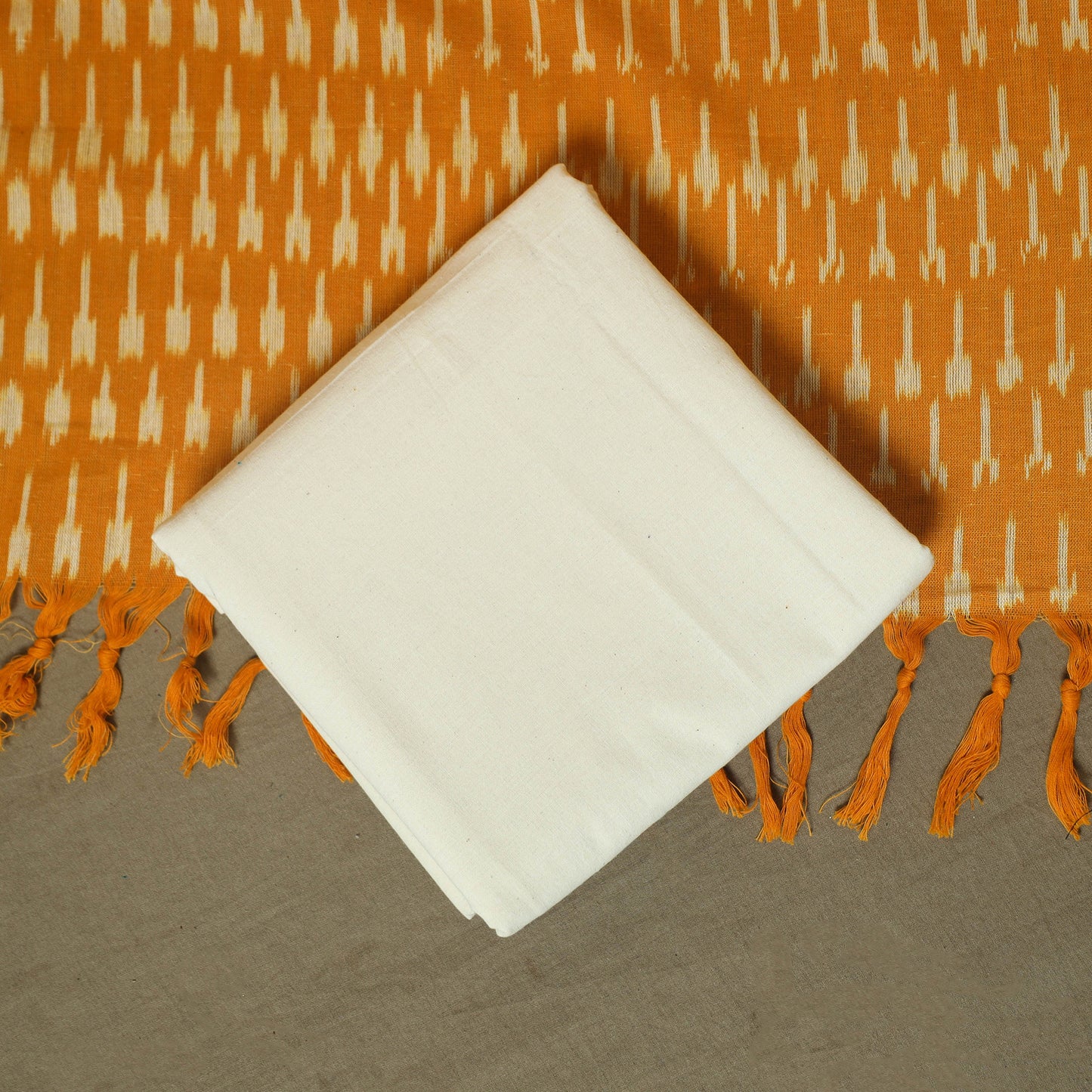 Orange - Pochampally Ikat Weave 3pc Cotton Unstitched Dress Material Suit Set 59