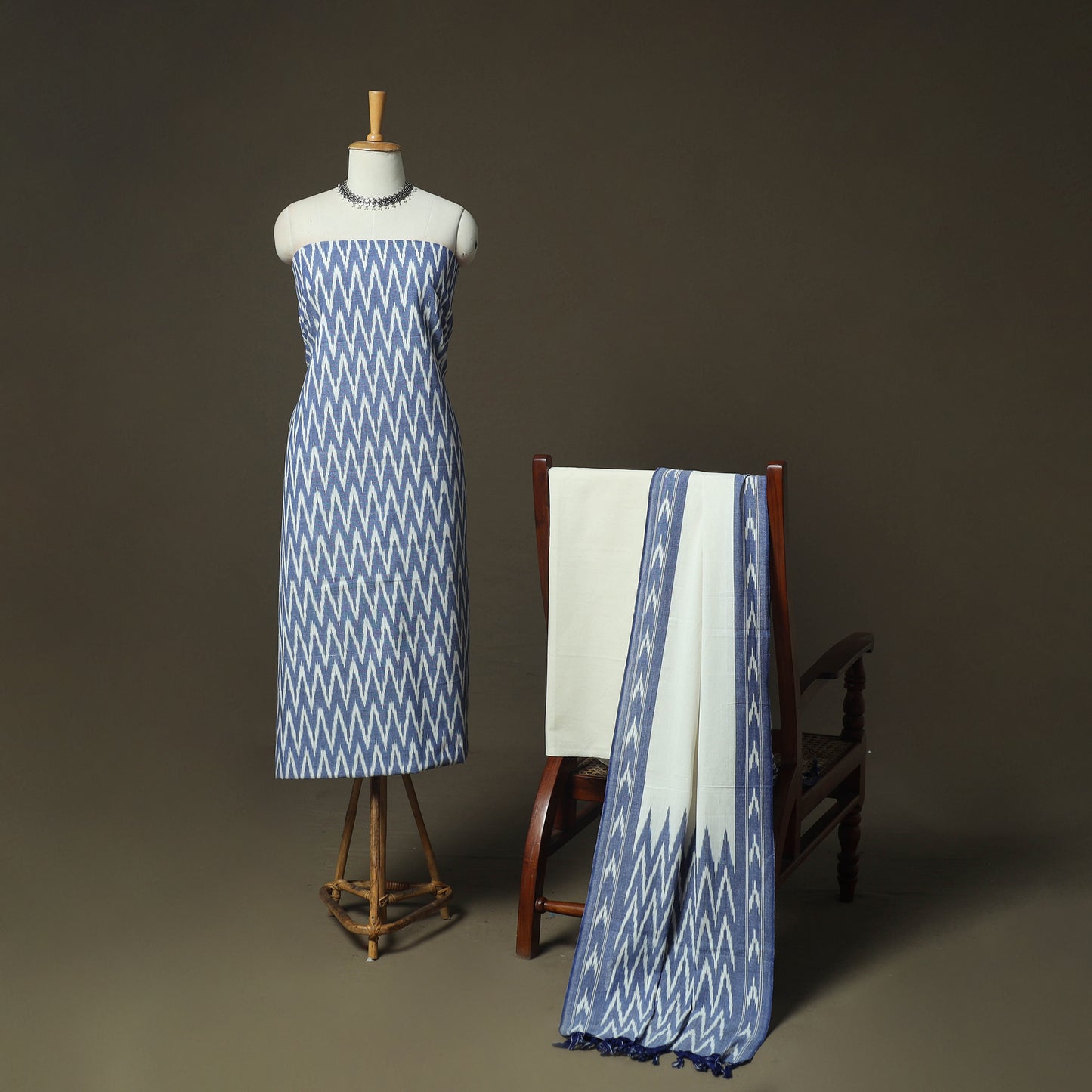 Blue - Pochampally Ikat Weave 3pc Cotton Unstitched Dress Material Suit Set 60