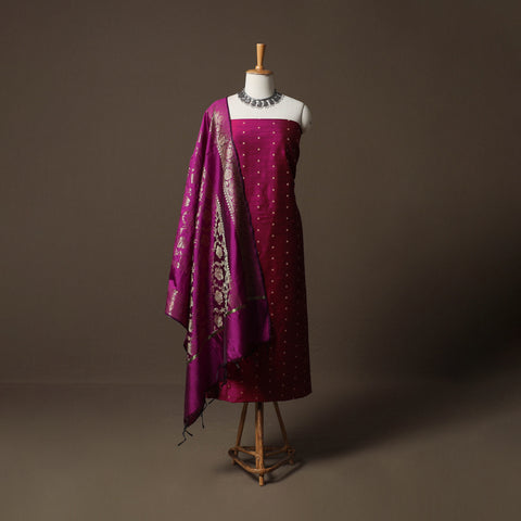 Spun Dupion Viscose Silk Buti 2pc Unstitched Dress Material Kurta Set with Earrings 29