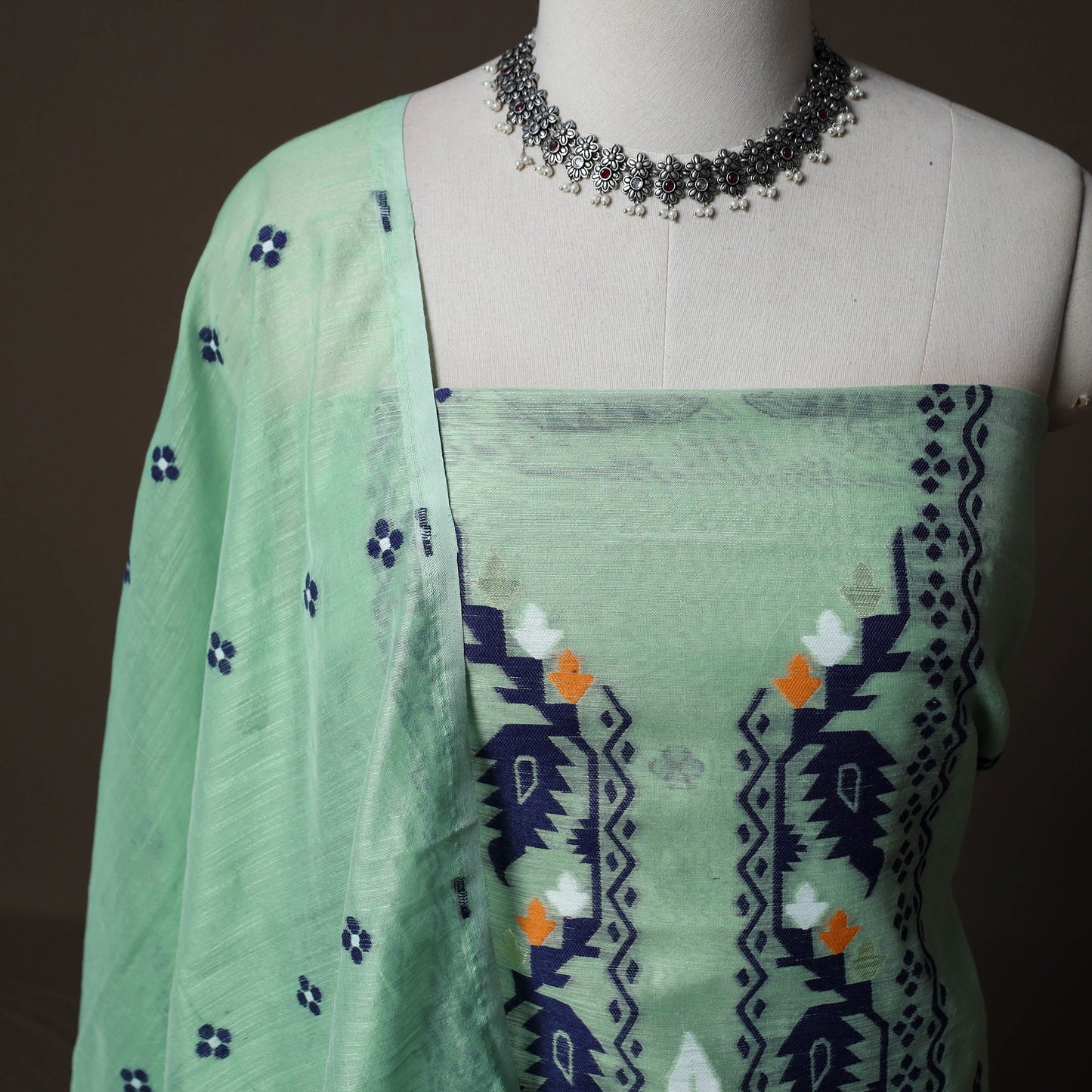 Phulia Jamdani Silk Cotton 2pc Unstitched Dress Material Kurta Set 15