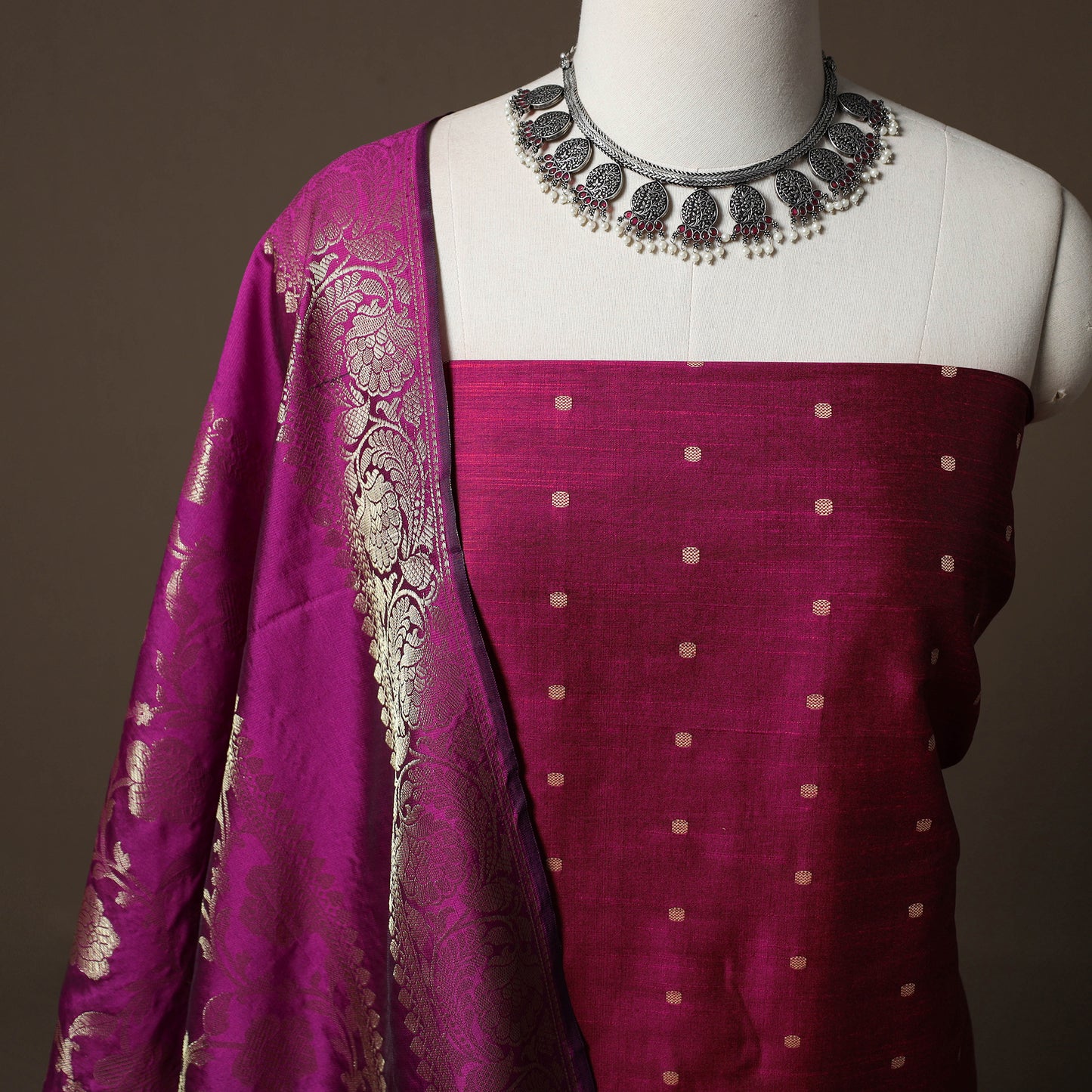 Spun Dupion Viscose Silk Buti 2pc Unstitched Dress Material Kurta Set with Earrings 29