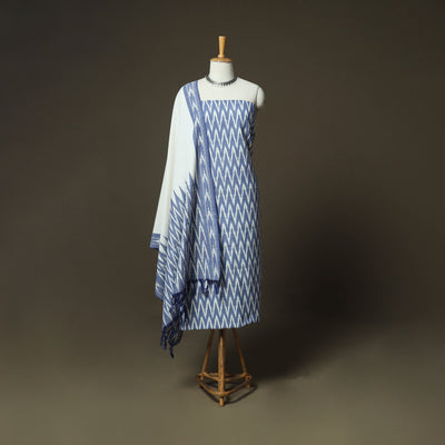 Blue - Pochampally Ikat Weave 3pc Cotton Unstitched Dress Material Suit Set 60