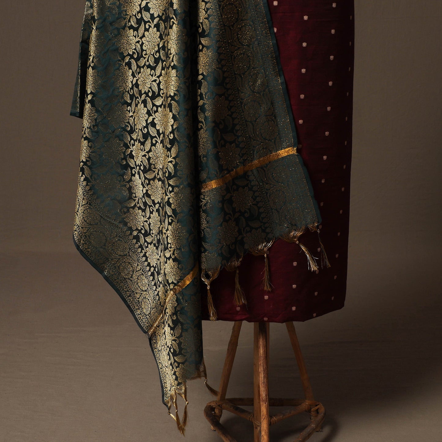 Spun Dupion Viscose Silk Buti 2pc Unstitched Dress Material Kurta Set with Earrings 28