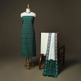 Green - Pochampally Ikat Weave 3pc Cotton Unstitched Dress Material Suit Set 62